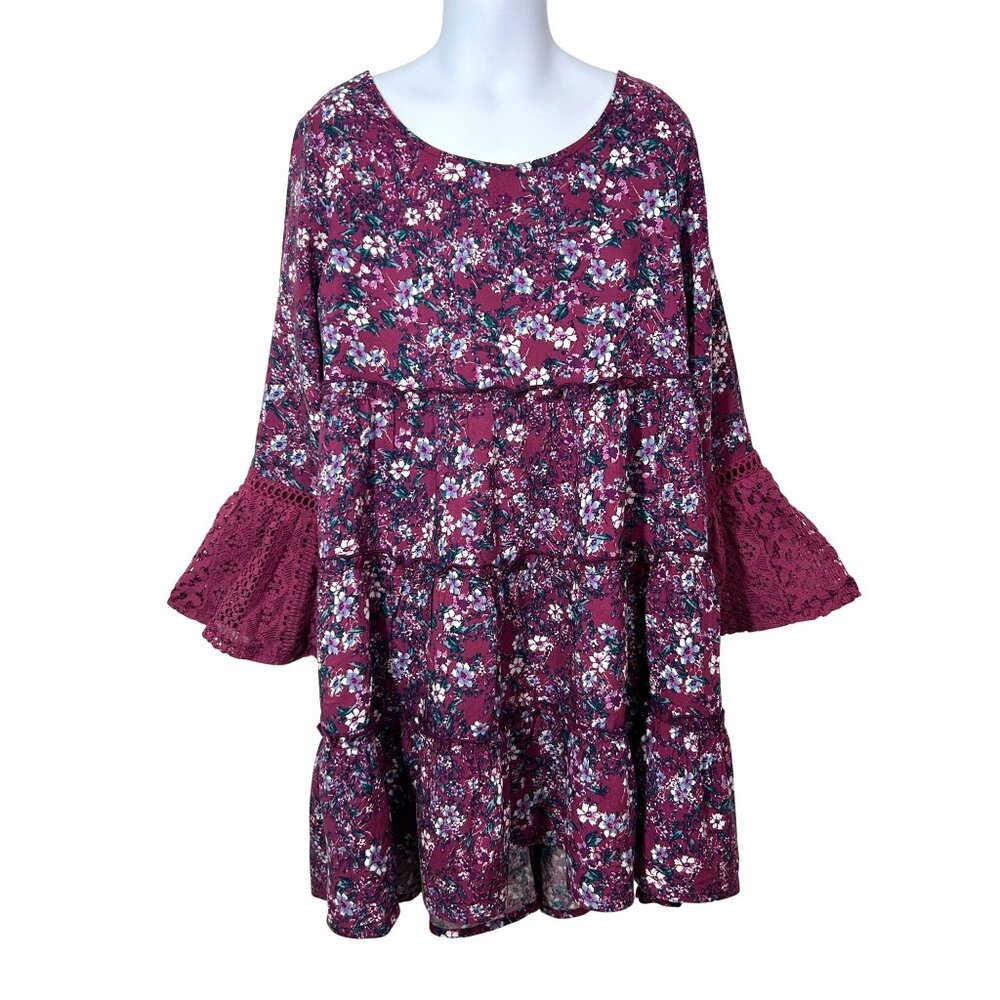Art Class Girls’ Party Dress 6/6X Purple Floral Crocheted Bell Sleeves Tiered